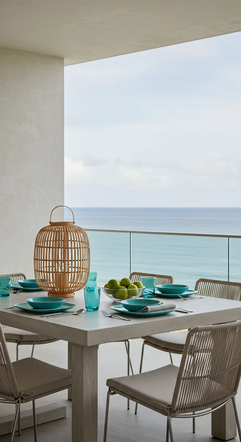 Table minimaliste sur un balcon face à la mer, avec une lanterne en bambou et des assiettes turquoise.