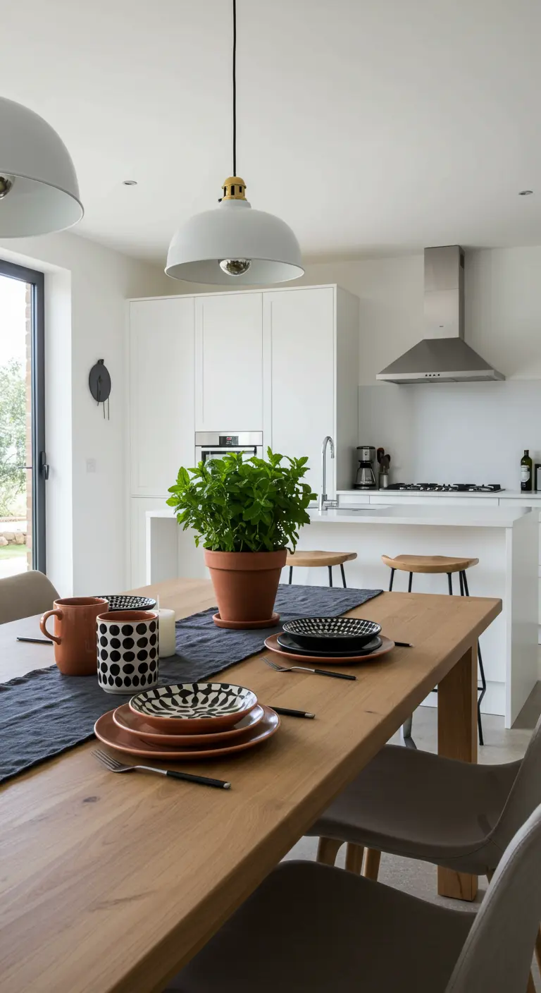 Table en bois moderne avec de la vaisselle graphique et un pot de menthe.