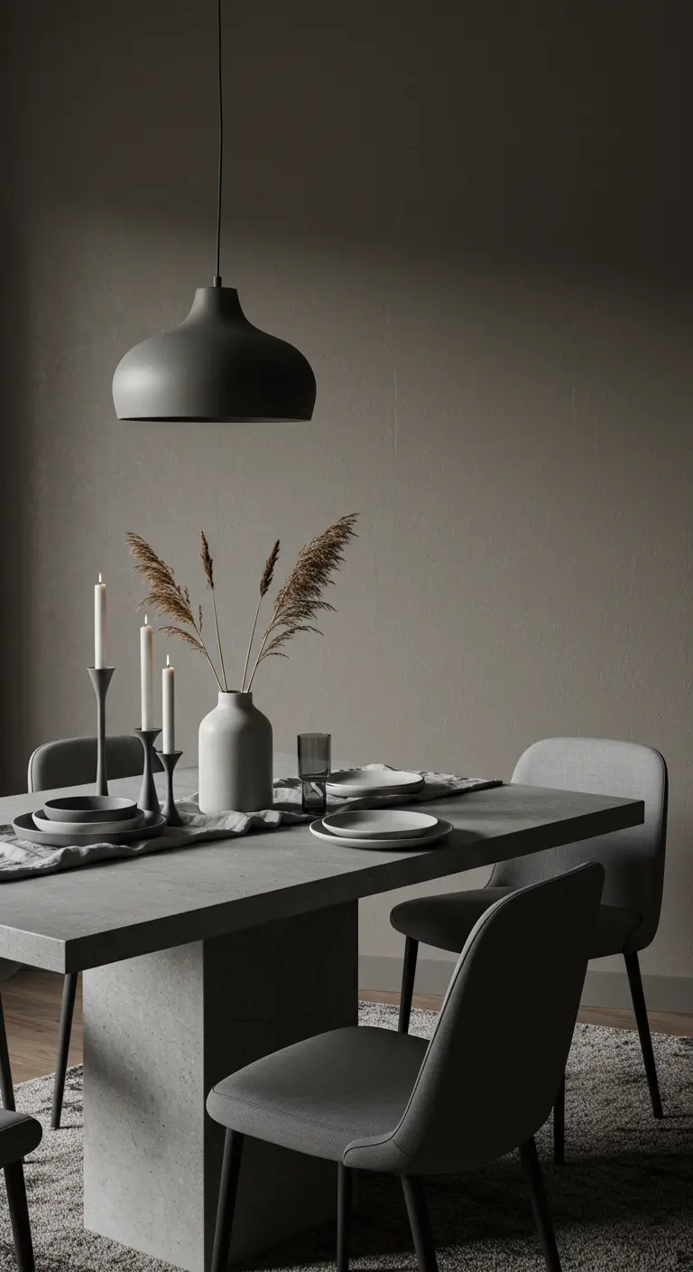 Table en béton gris Japandi, chaises grises, chemin de table, chandeliers et pampas sur fond gris.