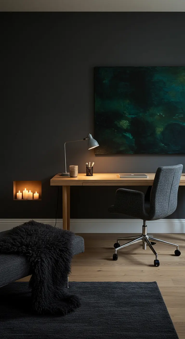 Bureau minimaliste gris anthracite avec bureau en bois clair et bougies encastrées.