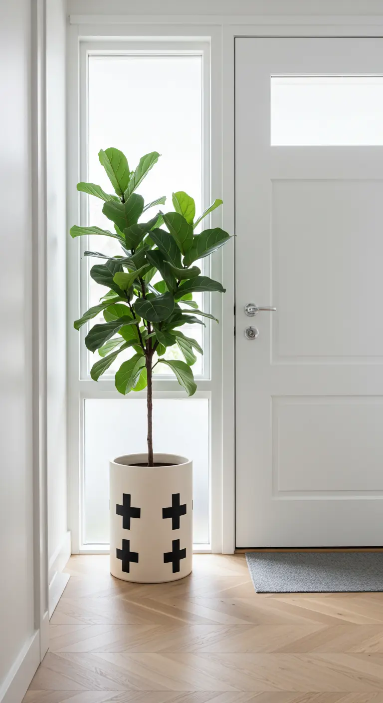 Grand pot de fleurs crème avec un motif de croix noires.