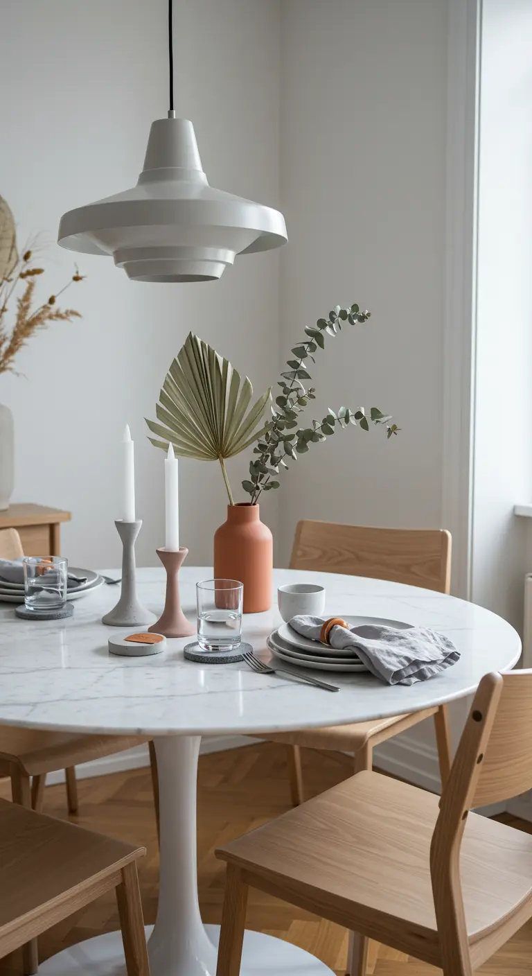 Table ronde en marbre avec vase en terre cuite, eucalyptus, feuille de palmier séchée et bougeoirs gris clair.