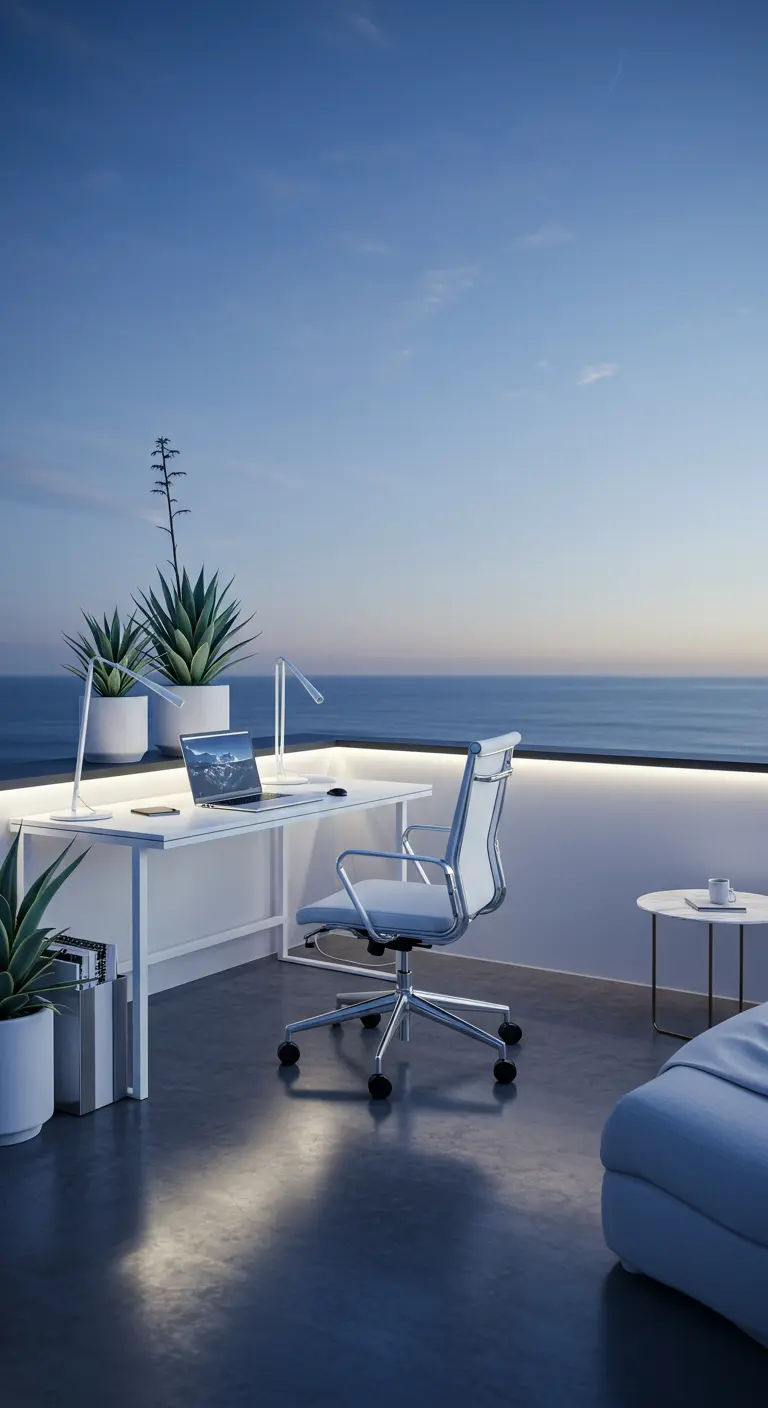 Bureau extérieur minimaliste en bord de mer avec mobilier blanc, plantes succulentes et éclairage LED.