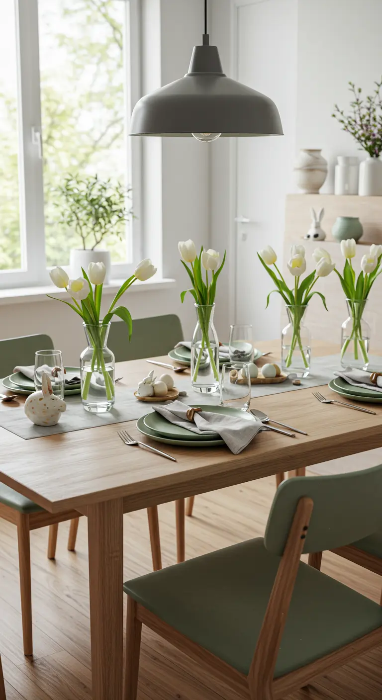 Table de Pâques moderne et épurée avec tulipes blanches et vaisselle verte.