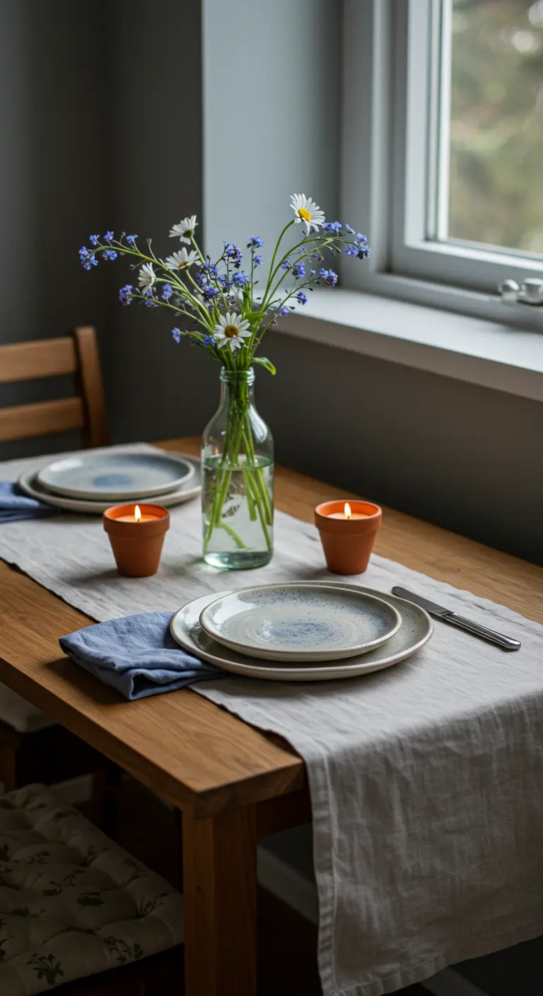 Table en bois minimaliste avec chemin de lin gris, marguerites, myosotis et bougies en terre cuite.