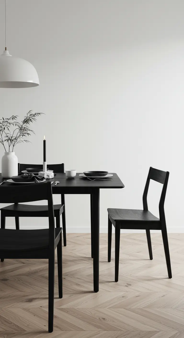 Salle à manger minimaliste noir et blanc Japandi avec table et chaises noires, vase blanc, bougie.