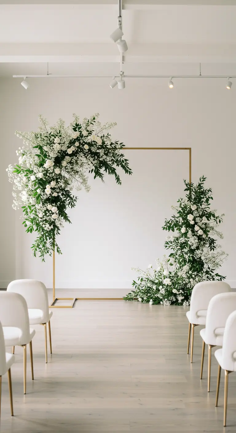 Arche rectangulaire dorée avec compositions florales blanches et vertes dans une salle moderne.