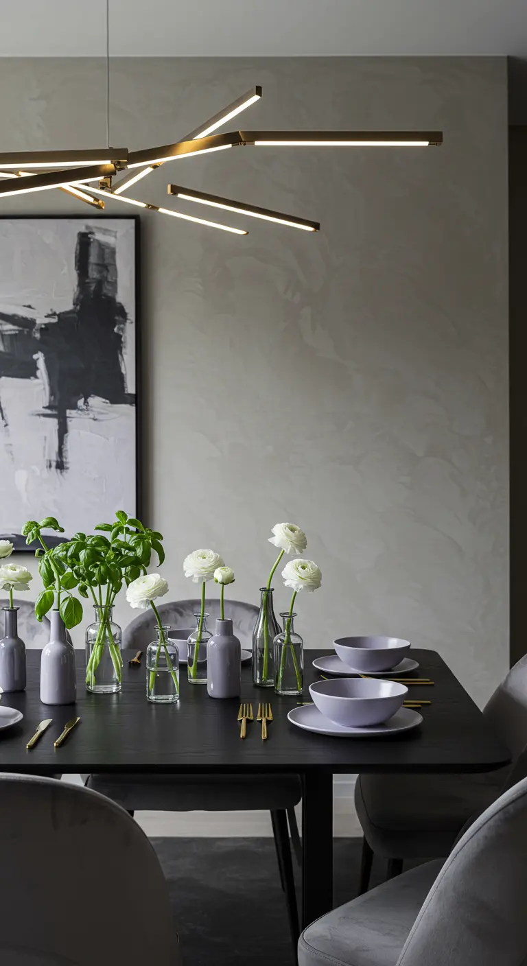 Décoration de table moderne avec basilic, ranunculus blancs, vases dorés et gris sur une table noire.