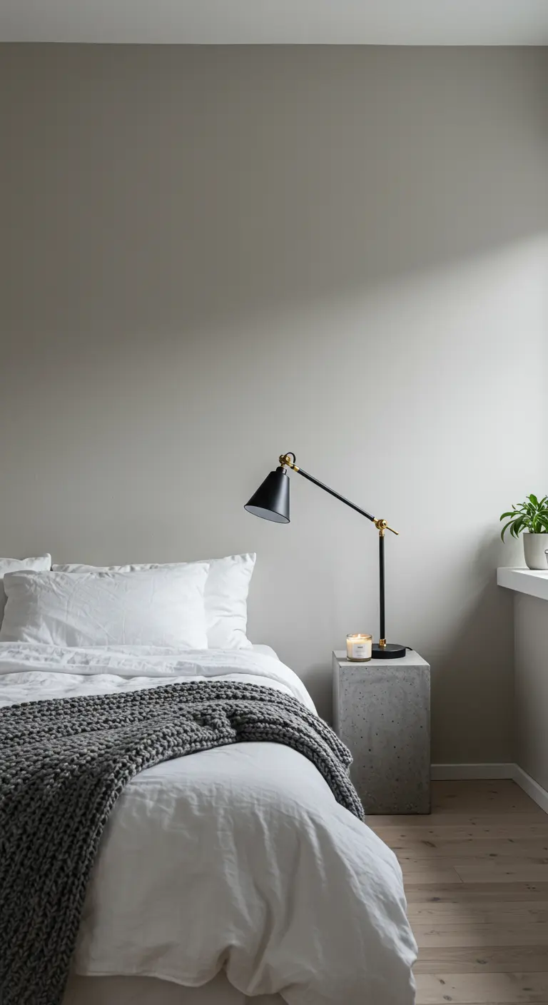 Chambre minimaliste avec literie blanche, plaid gris en grosse maille et lampe noire