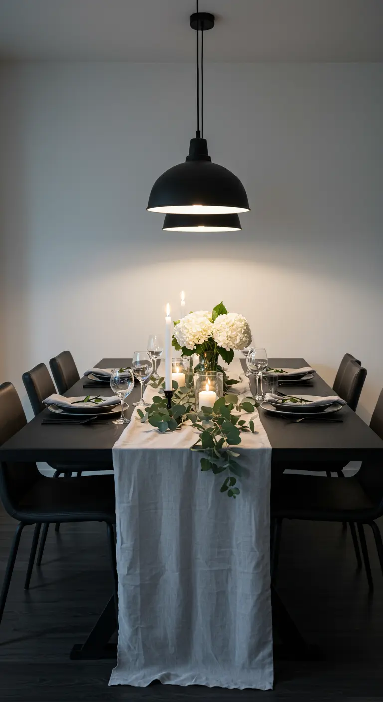 Table à manger moderne avec chemin de table gris, bougies et branches d'eucalyptus.