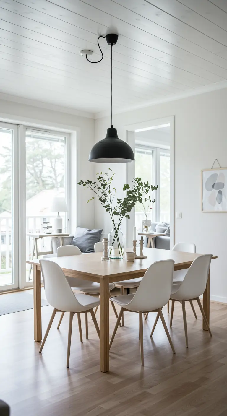 Table scandinave avec vase en verre, branche et bougeoirs blancs