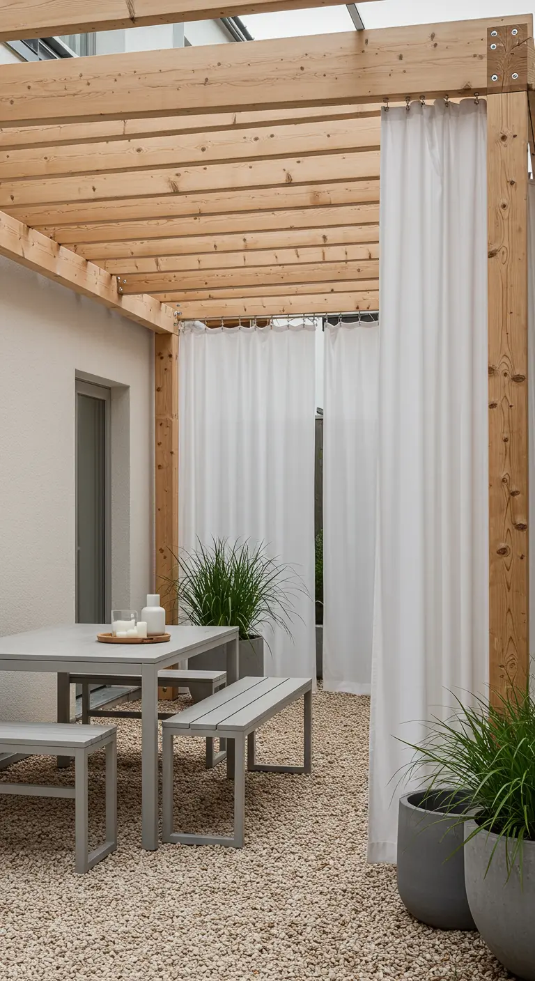 Cour minimaliste avec pergola en bois clair, mobilier gris et rideaux blancs