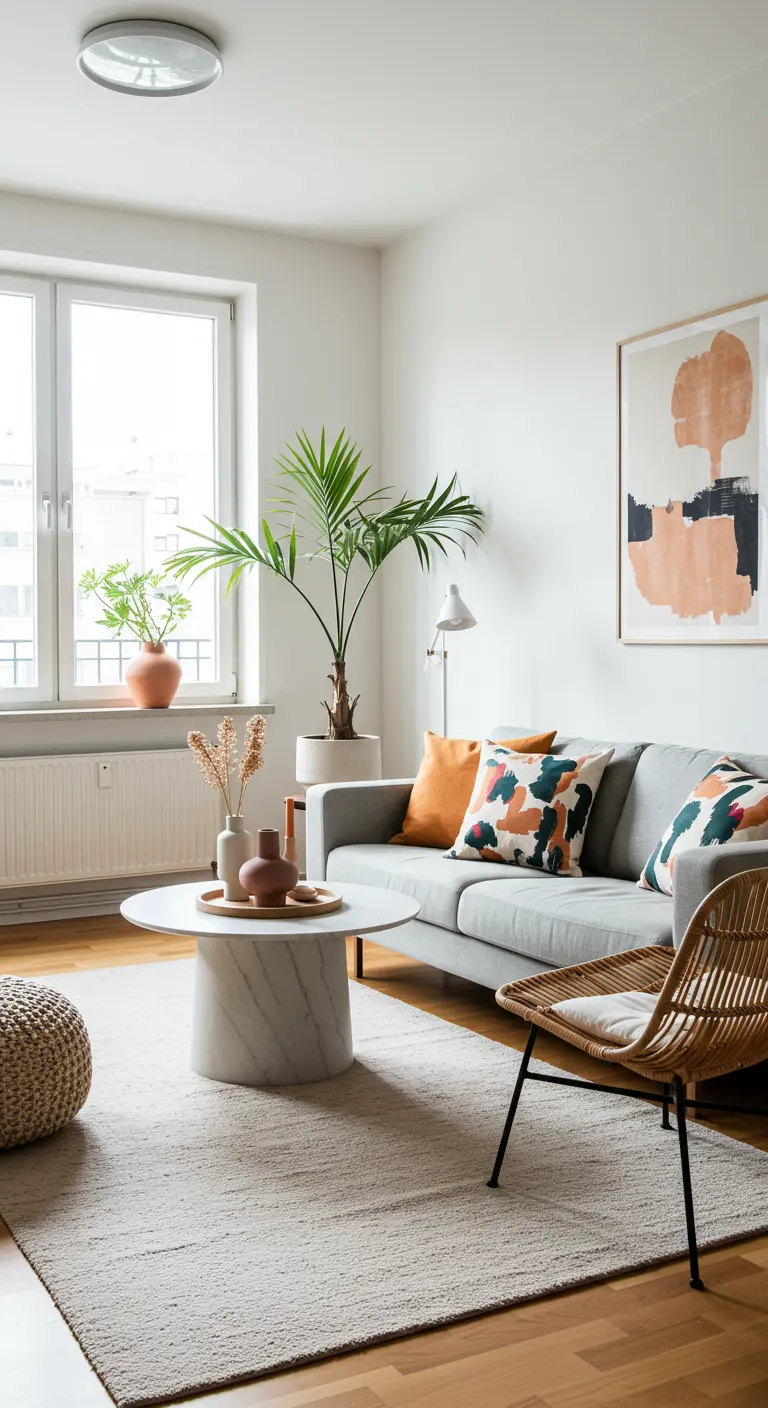 Salon minimaliste avec canapé gris, coussins abstraits colorés et un grand palmier.