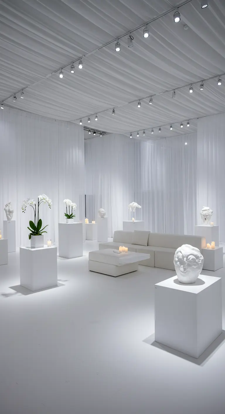 Galerie d'art blanche et moderne avec sculptures, podiums, mobilier lounge et orchidées.