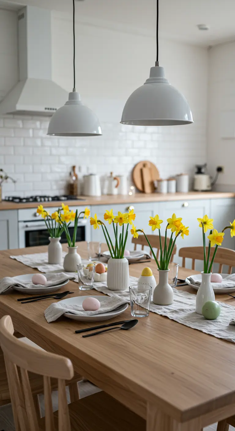 Série de petits vases blancs avec des jonquilles alignées sur une table en bois moderne.