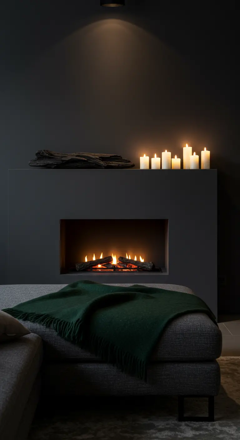 Cheminée moderne et sombre, décorée de bougies et d'un plaid vert.