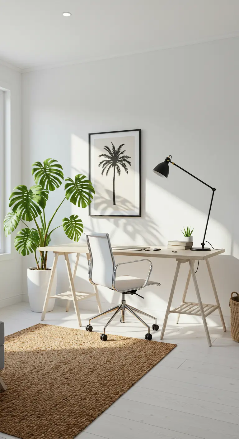 Bureau minimaliste avec une grande plante Monstera, un tapis en jute et un cadre de palmier noir et blanc.