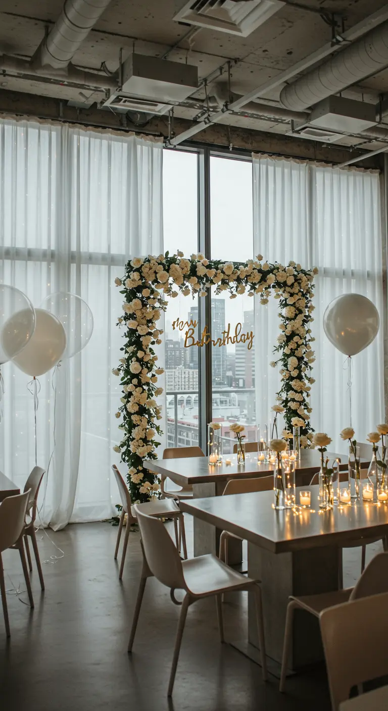 Salle moderne avec une arche de roses blanches devant une fenêtre urbaine, tables et chaises blanches.