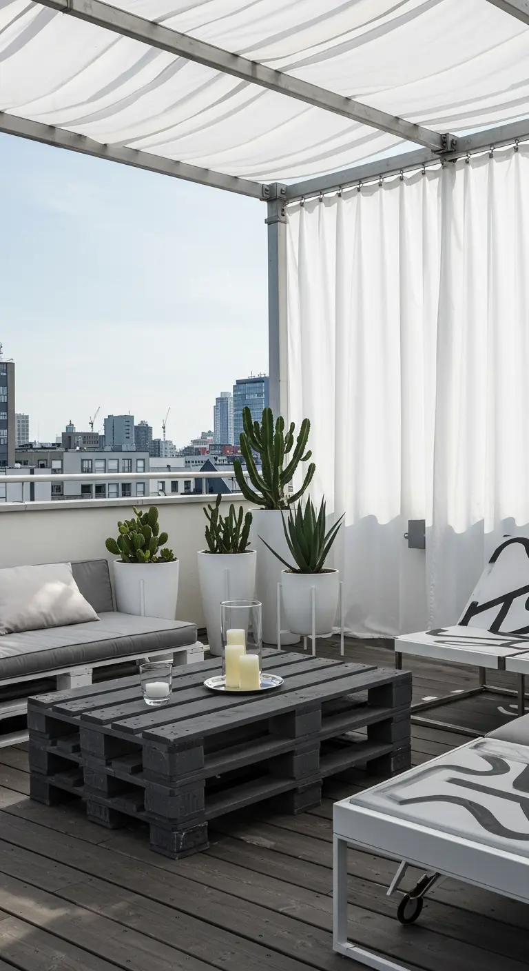 Terrasse moderne avec salon en palettes gris anthracite, rideaux blancs et plantes graphiques.