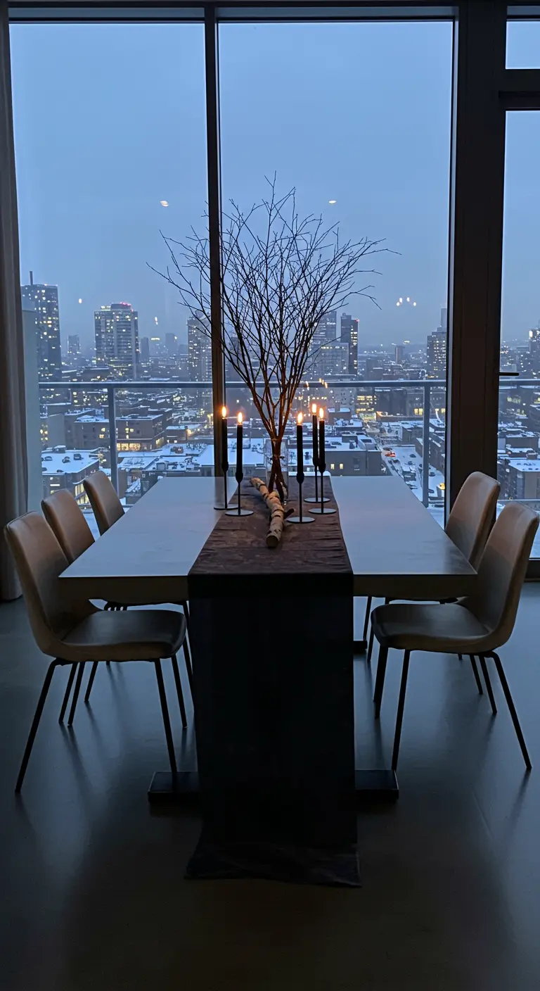 Centre de table moderne avec branches nues et bougies noires devant une baie vitrée.