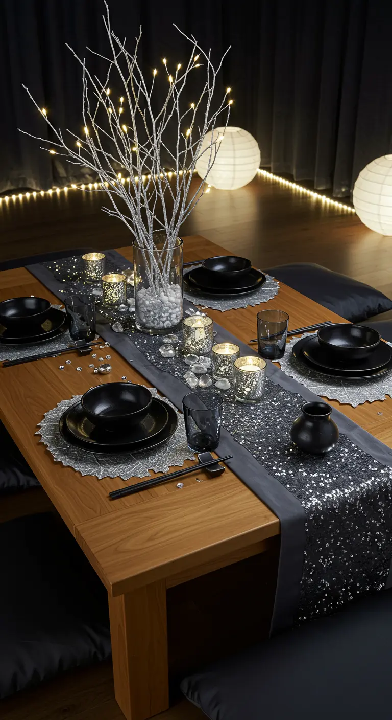 Table de dîner moderne avec chemin de table pailleté gris, branches lumineuses et vaisselle noire.
