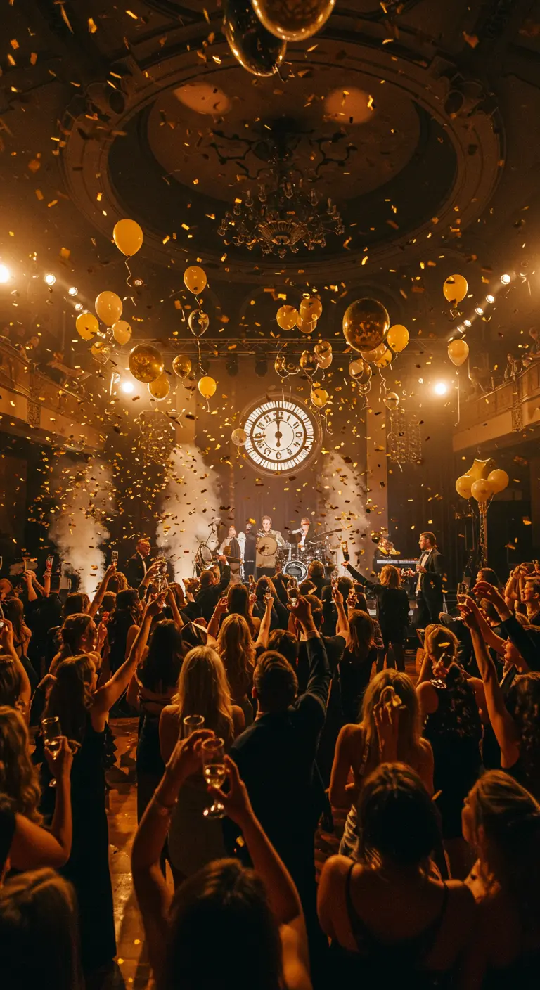 Foule en liesse sous une pluie de confettis et de ballons dorés.