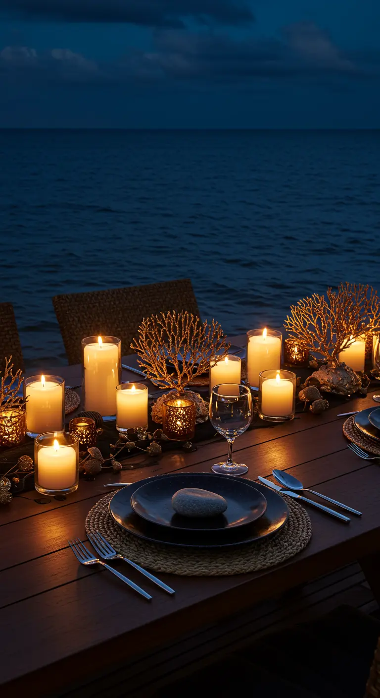 Table dressée sur la plage au crépuscule, décorée de coraux dorés et de bougies.