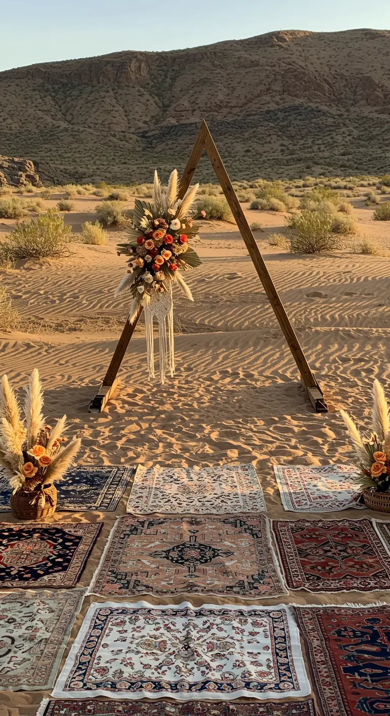 Arche de mariage triangulaire en bois dans le désert avec tapis persans.
