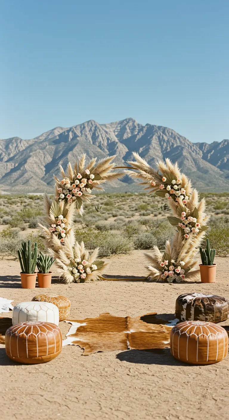 Arche semi-circulaire avec pampas et roses dans un paysage désertique.