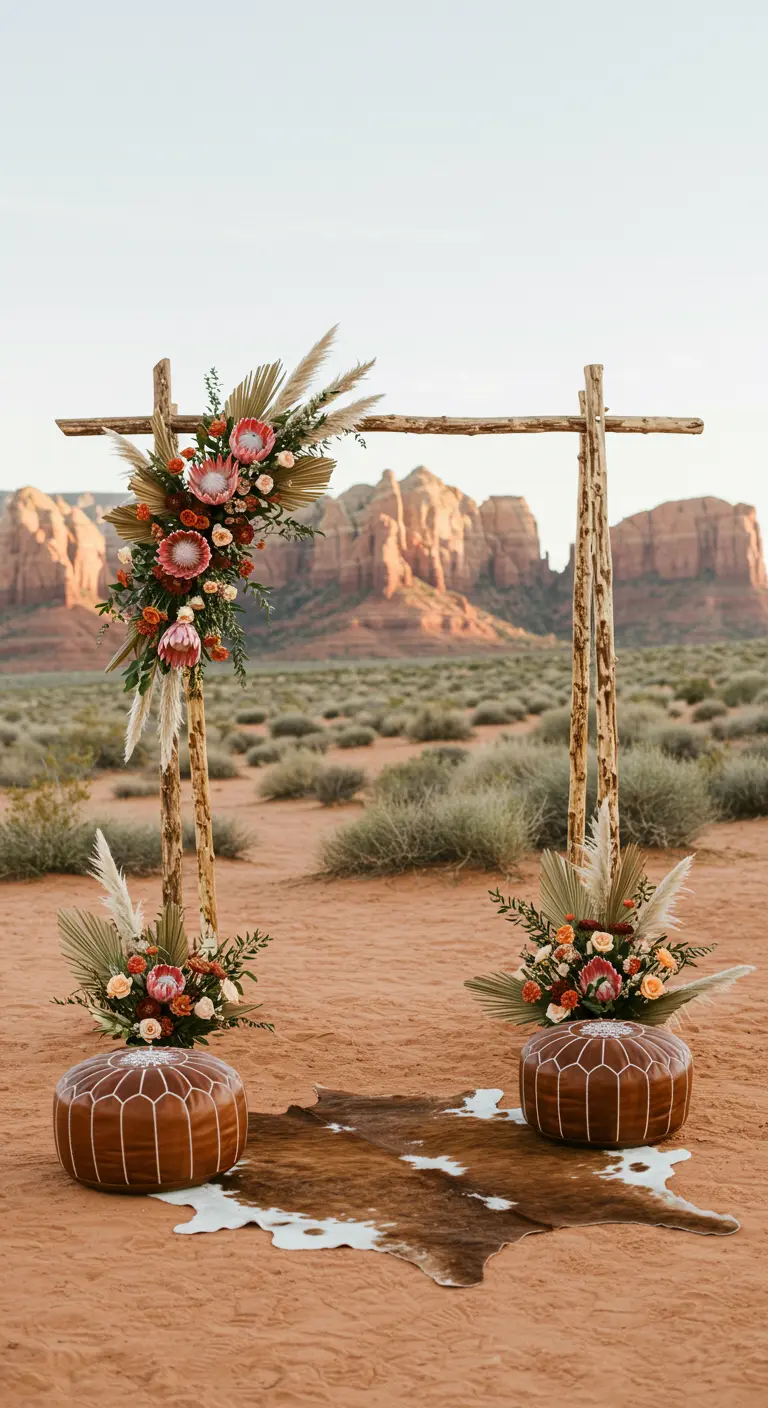 Arche de mariage en bois dans le désert avec fleurs exotiques et poufs en cuir.