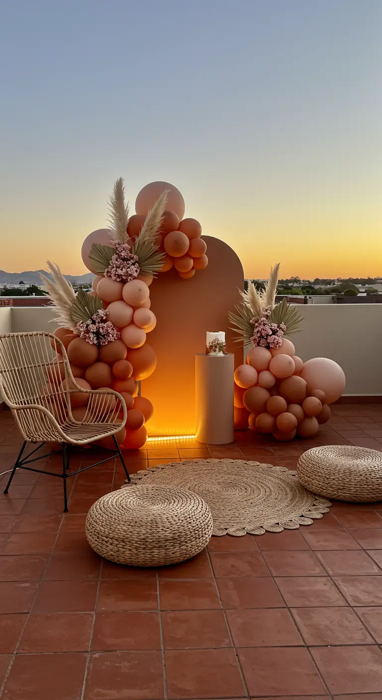 Arche de ballons terracotta et pampa sur un rooftop au coucher du soleil.