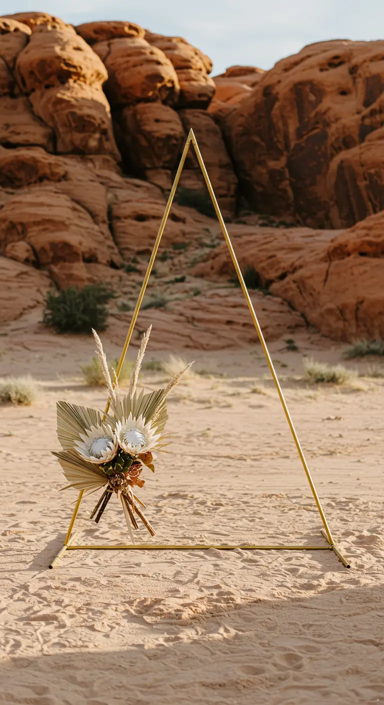 Arche triangulaire dorée minimaliste dans un paysage désertique avec un bouquet de fleurs séchées.