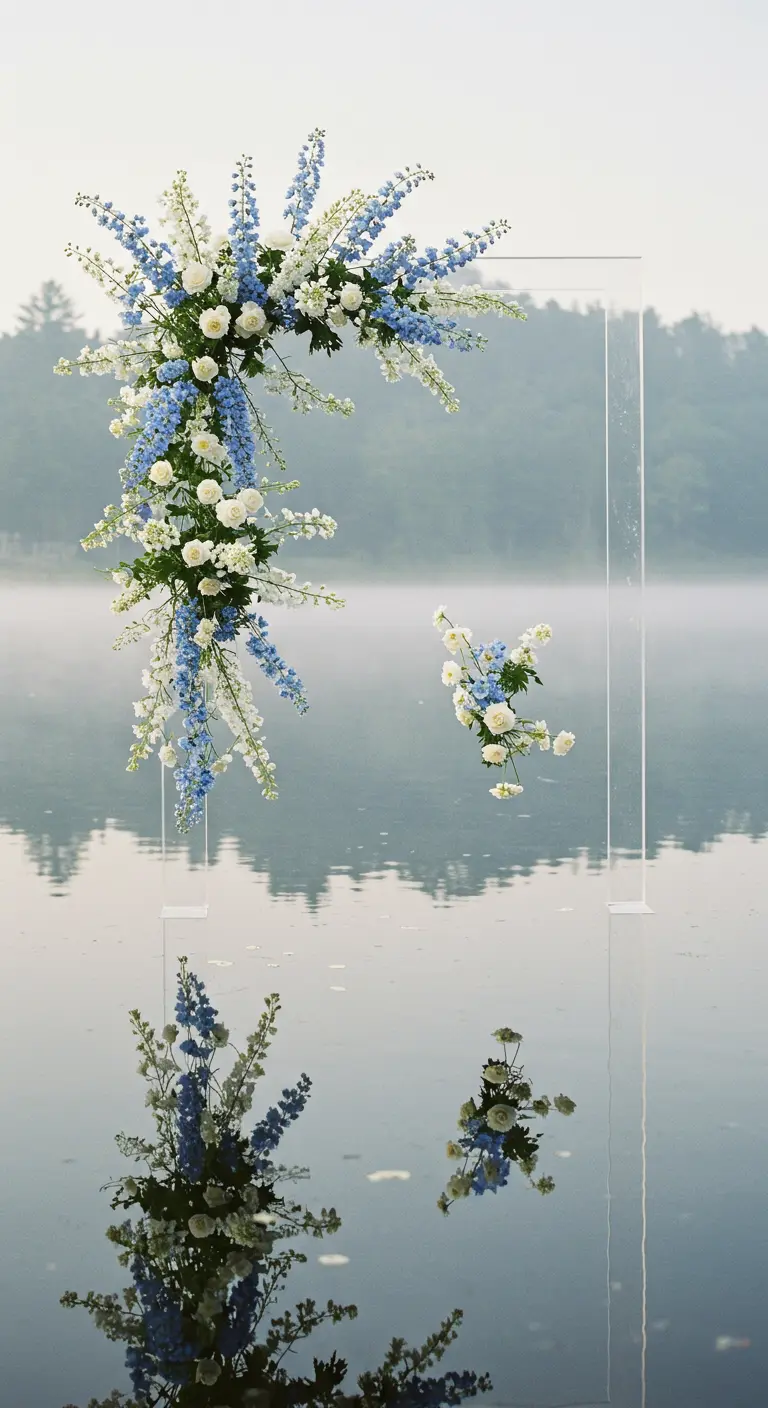 Arche transparente en acrylique avec des fleurs bleues et blanches au-dessus de l'eau.
