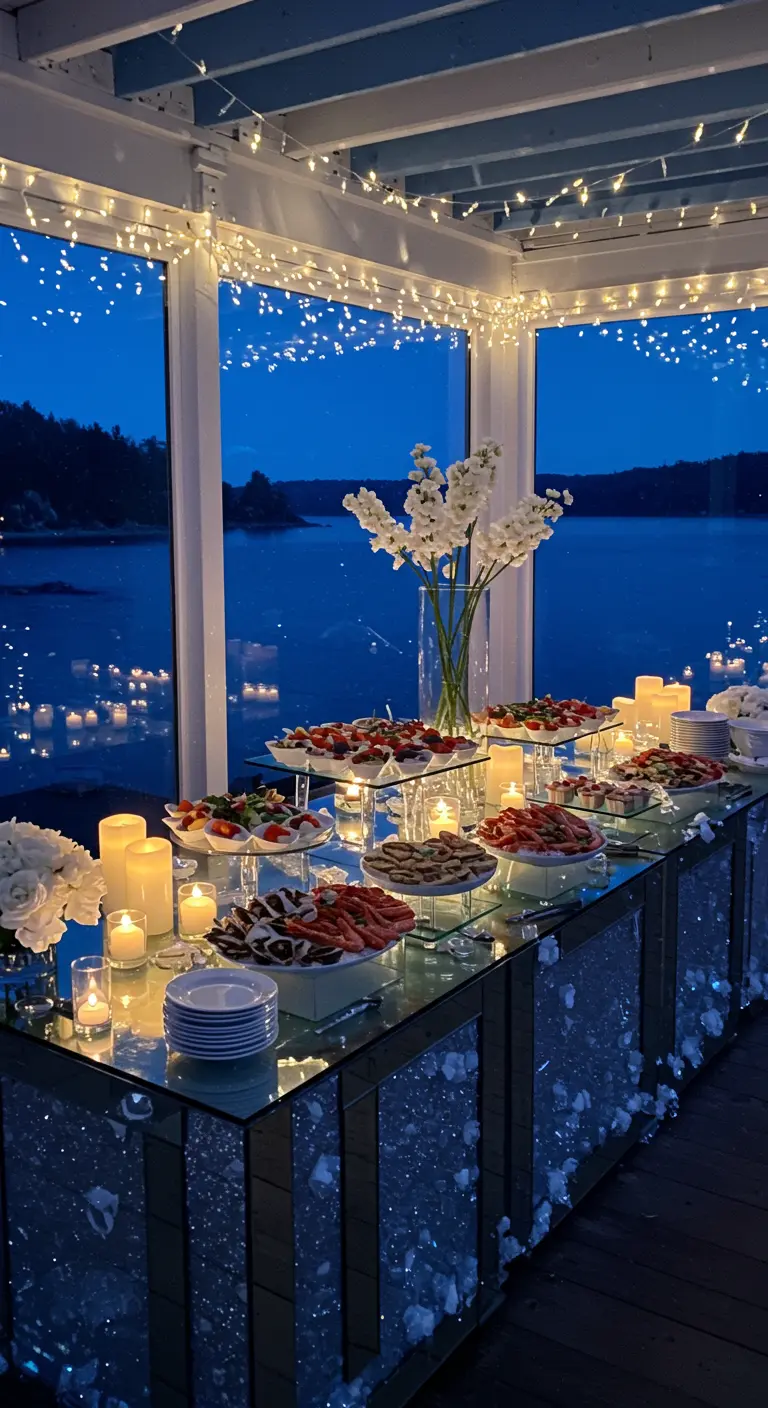 Buffet au bord de l'eau, lumières du soir, table miroir, fleurs blanches et guirlandes.