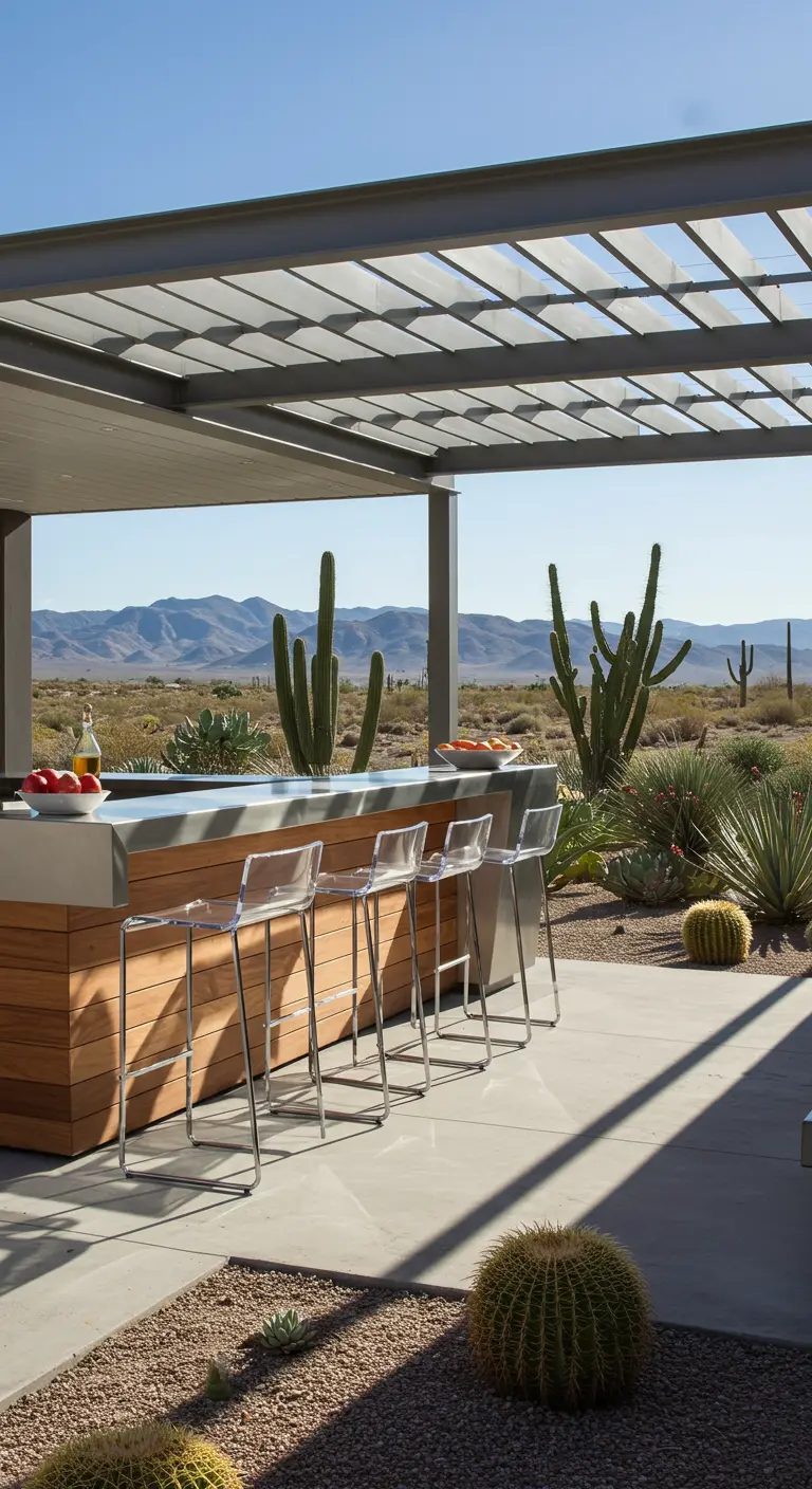 Bar design en bois et métal avec tabourets transparents dans un paysage désertique.