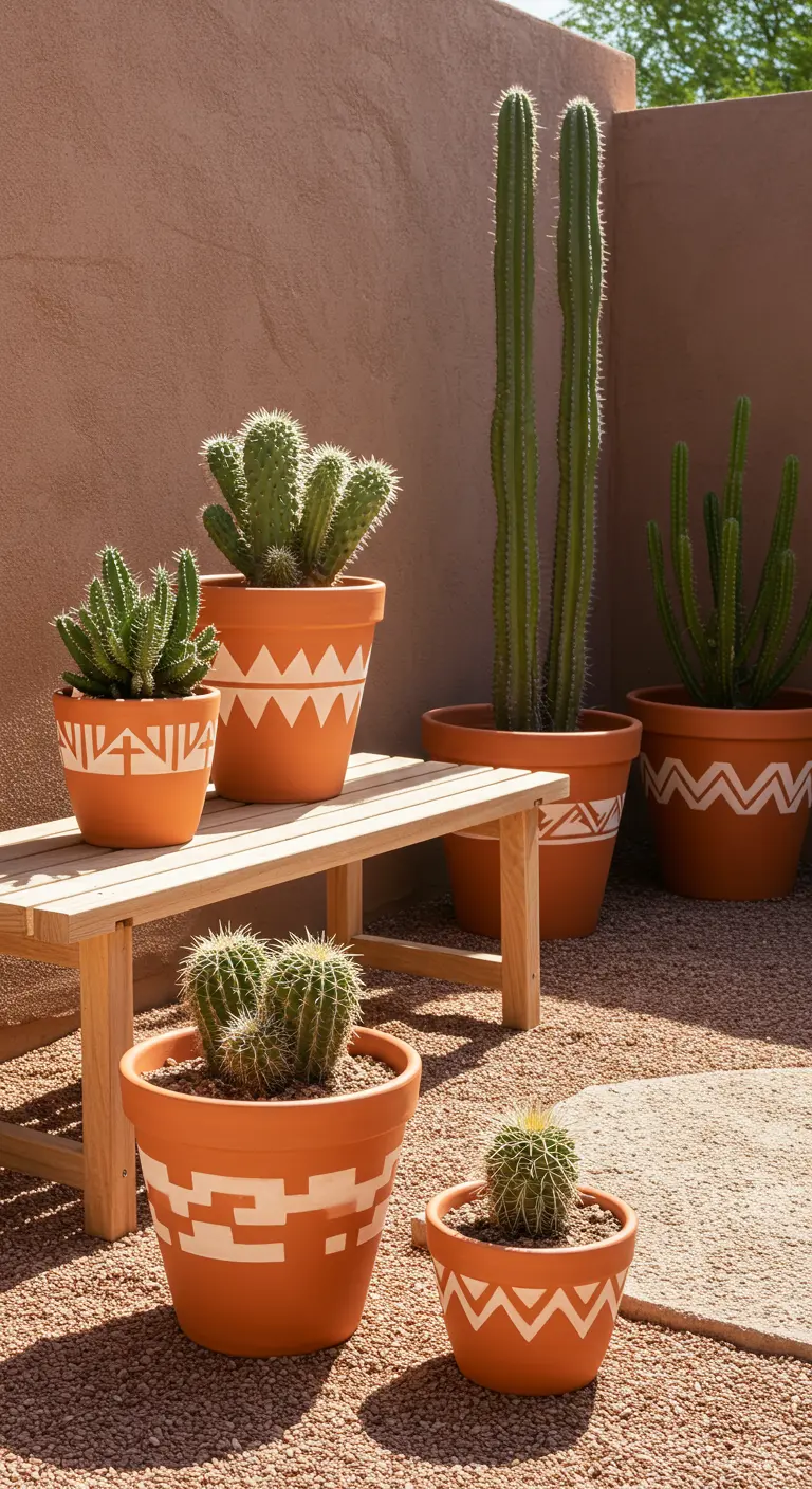 Collection de cactus dans des pots en terre cuite peints de motifs géométriques blancs.