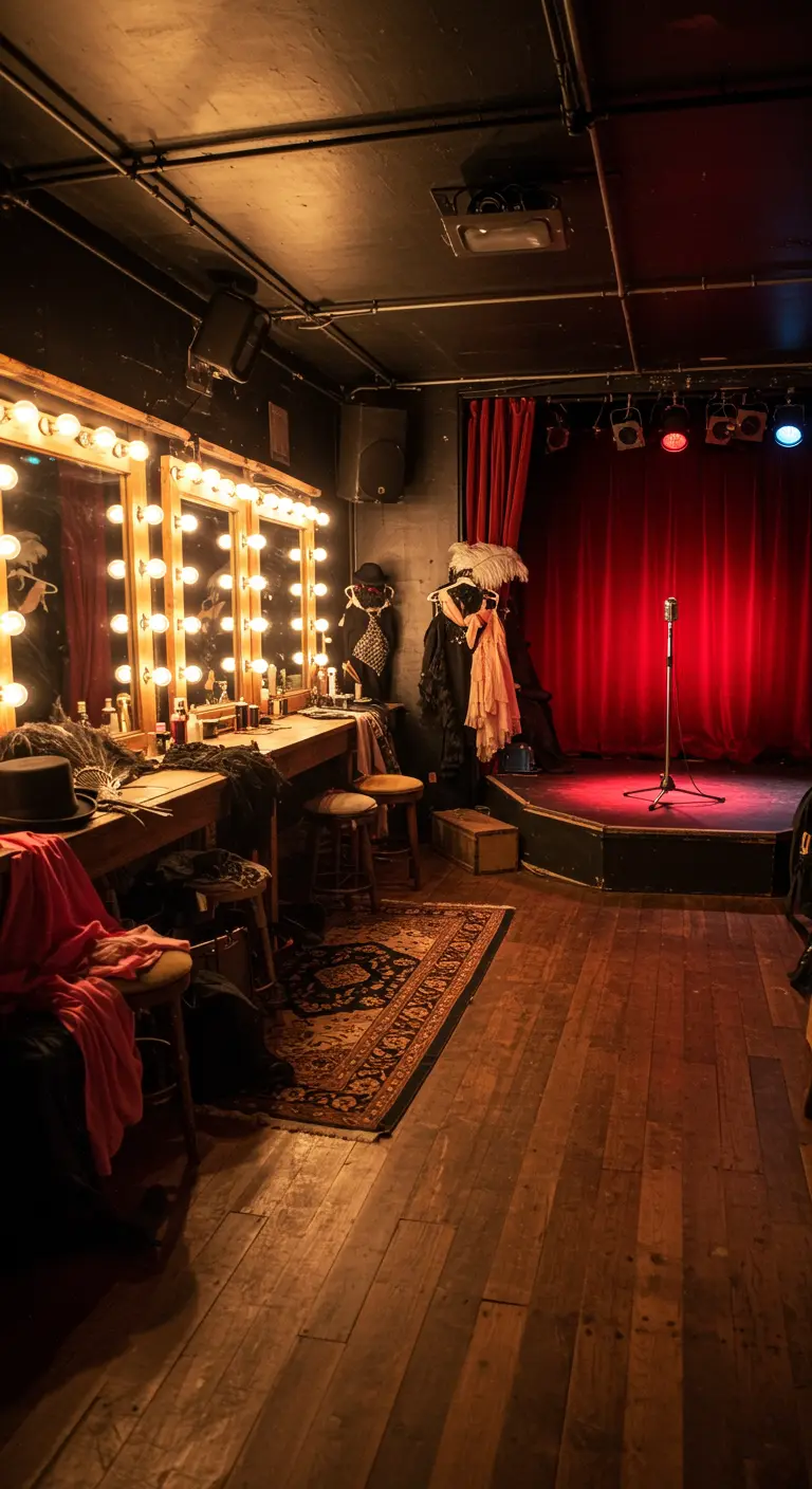 Loge d'artiste avec miroir éclairé, costumes et rideau de scène rouge.
