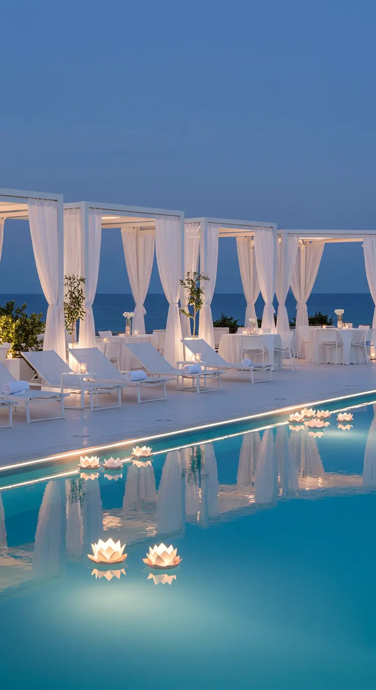 Piscine moderne bordée de baldaquins blancs, avec des lanternes flottantes en forme de lotus.