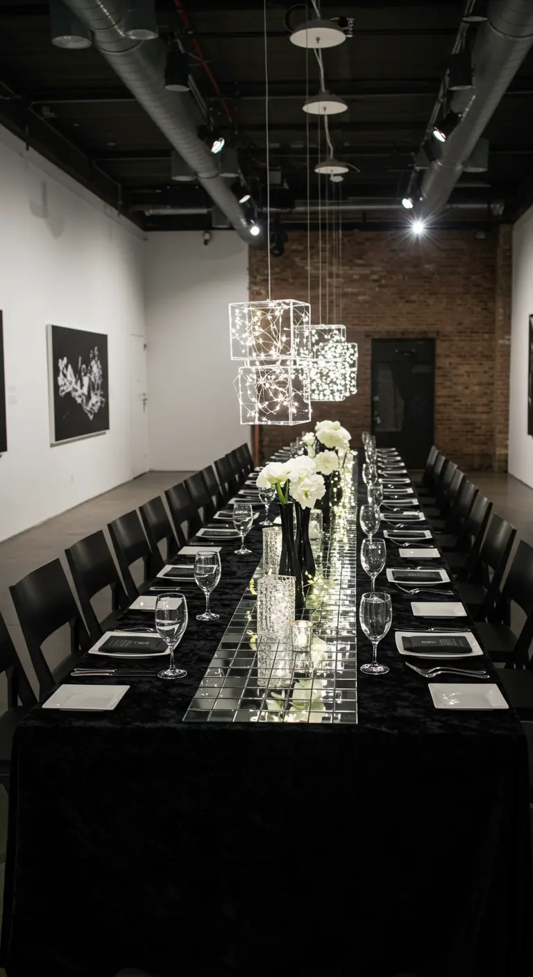 Longue table de réception noire avec chemin de table miroir et luminaires modernes.