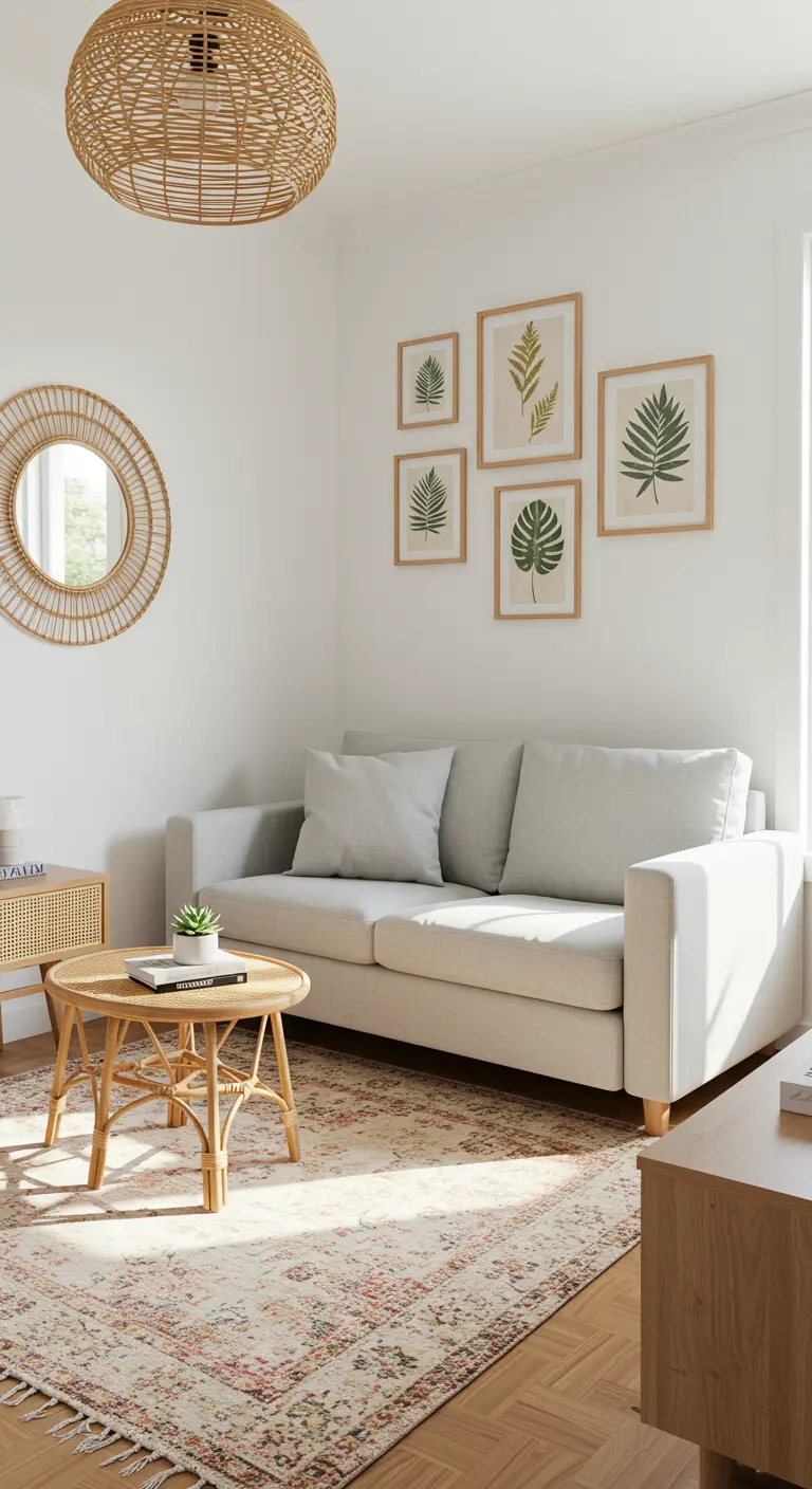 Petit salon lumineux avec canapé gris, table basse ronde en rotin, et miroir rond encadré de rotin au mur.