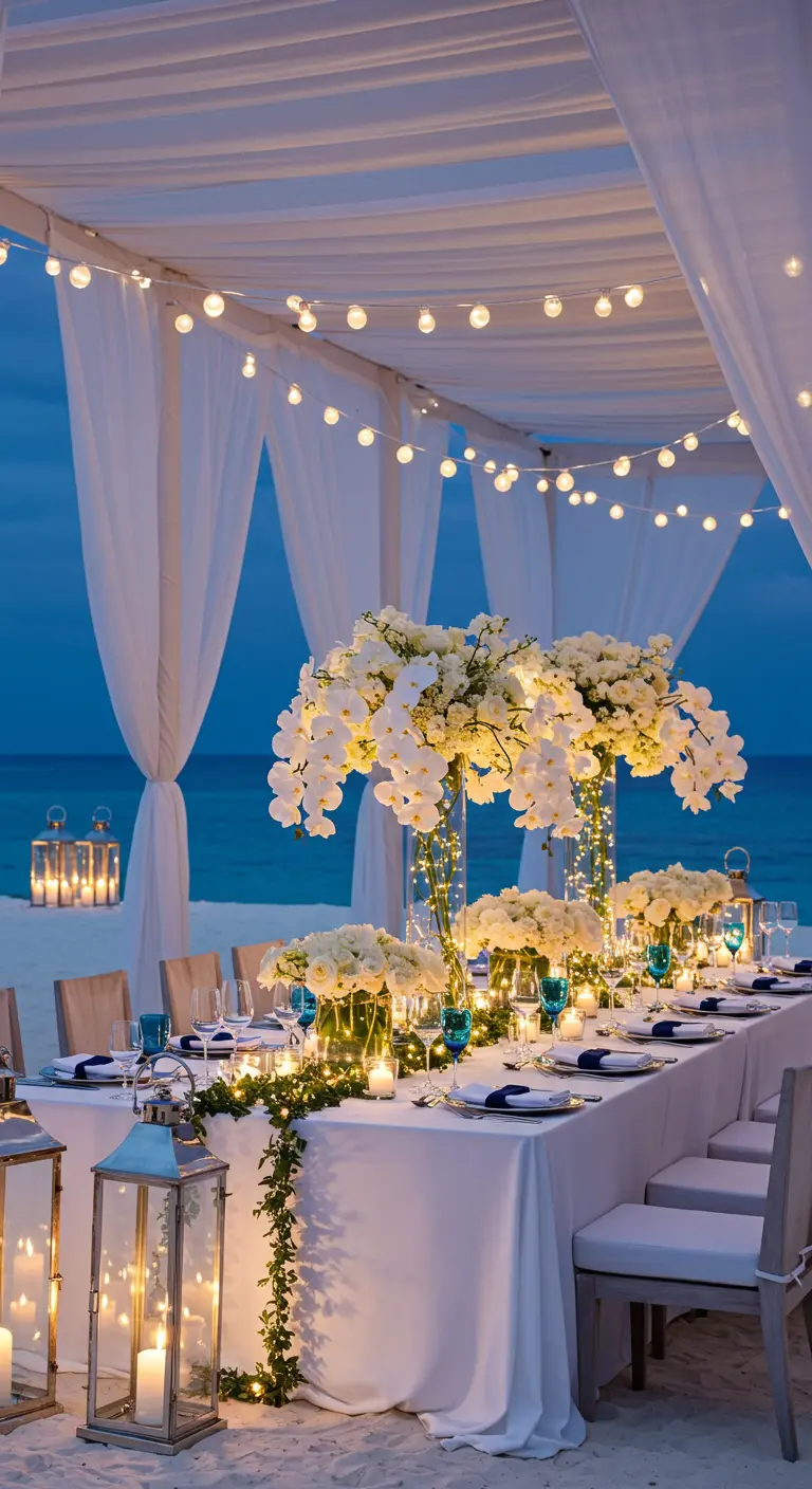Table de réception élégante sous un chapiteau sur la plage, avec grands centres de table floraux et lanternes.