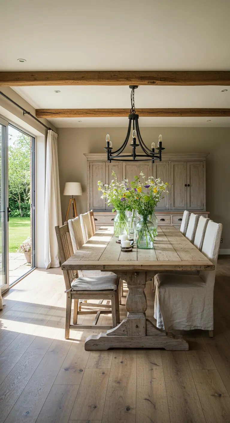 Grande table en bois rustique avec des vases en verre remplis de fleurs champêtres