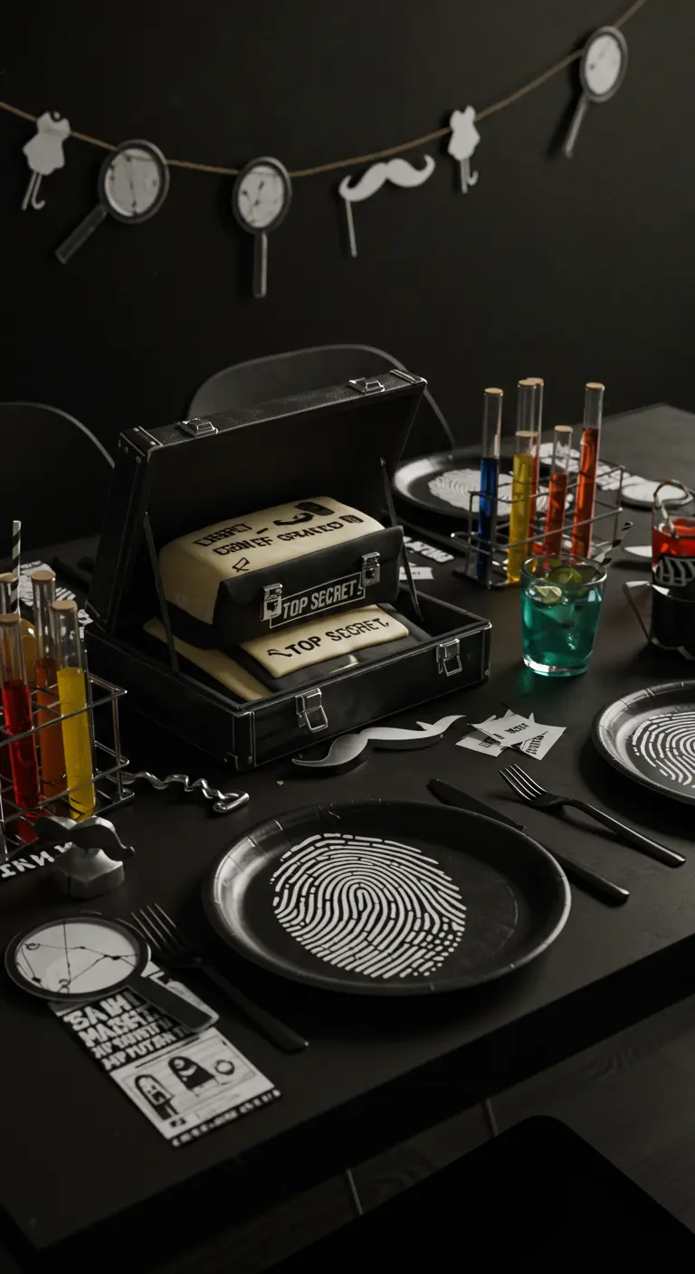 Table de détective en noir et blanc avec gâteau mallette, loupes et empreintes digitales.