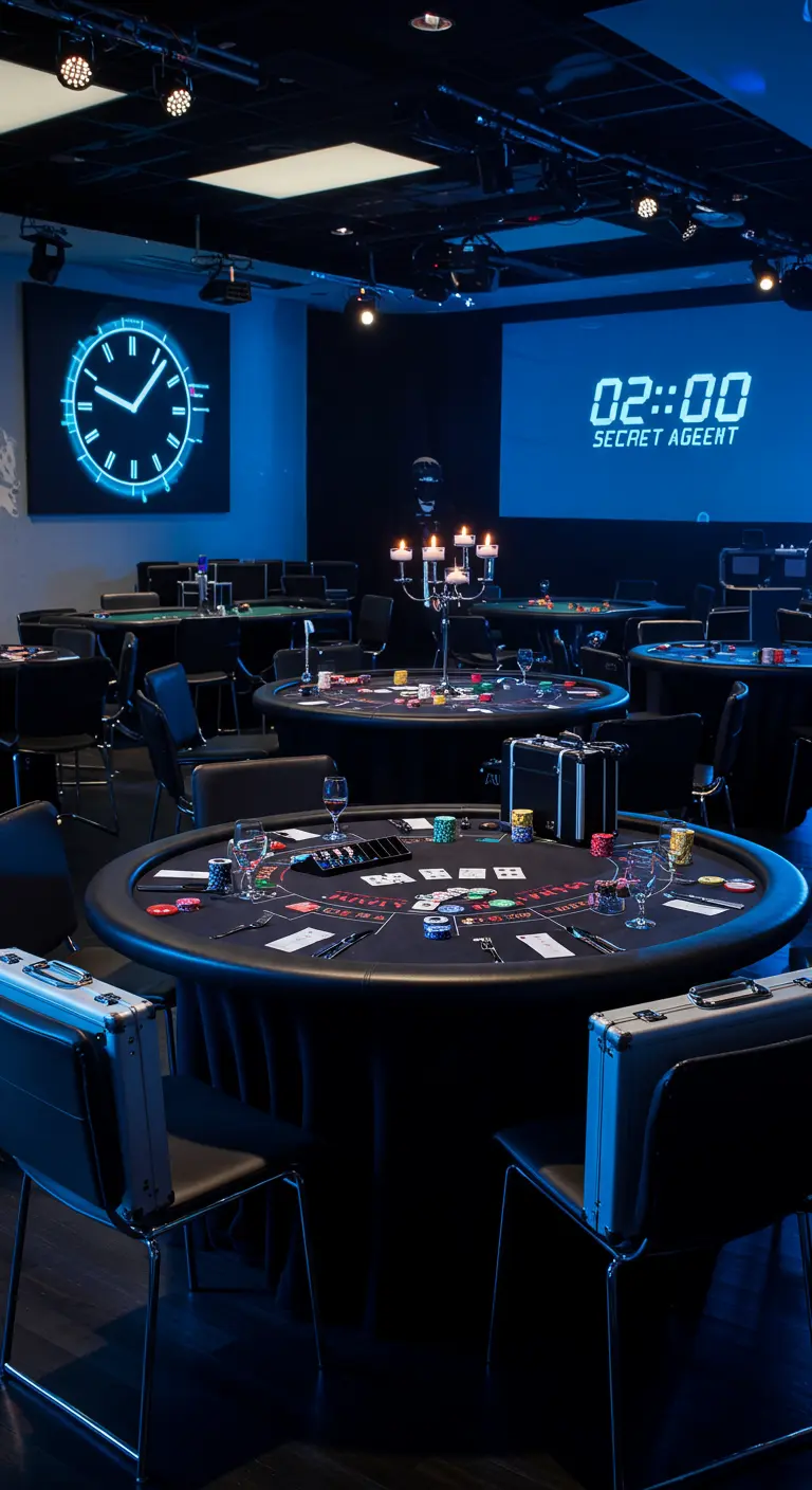 Soirée casino sur le thème des agents secrets, avec des mallettes et un éclairage bleu.