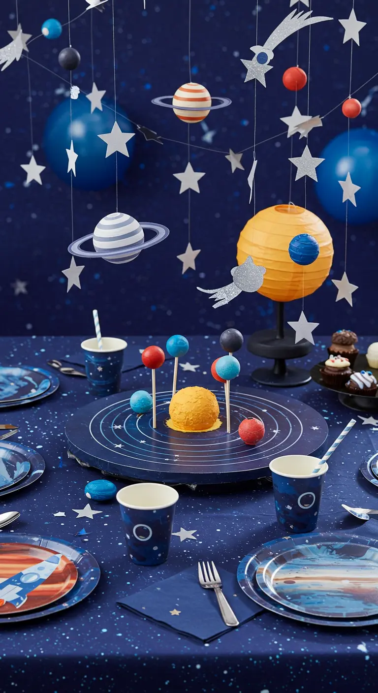 Table de fête thème espace avec planètes suspendues, étoiles et vaisselle galactique.
