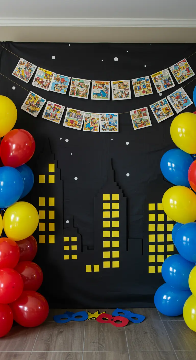 Photobooth super-héros avec une skyline en papier, des guirlandes de BD et des ballons colorés.
