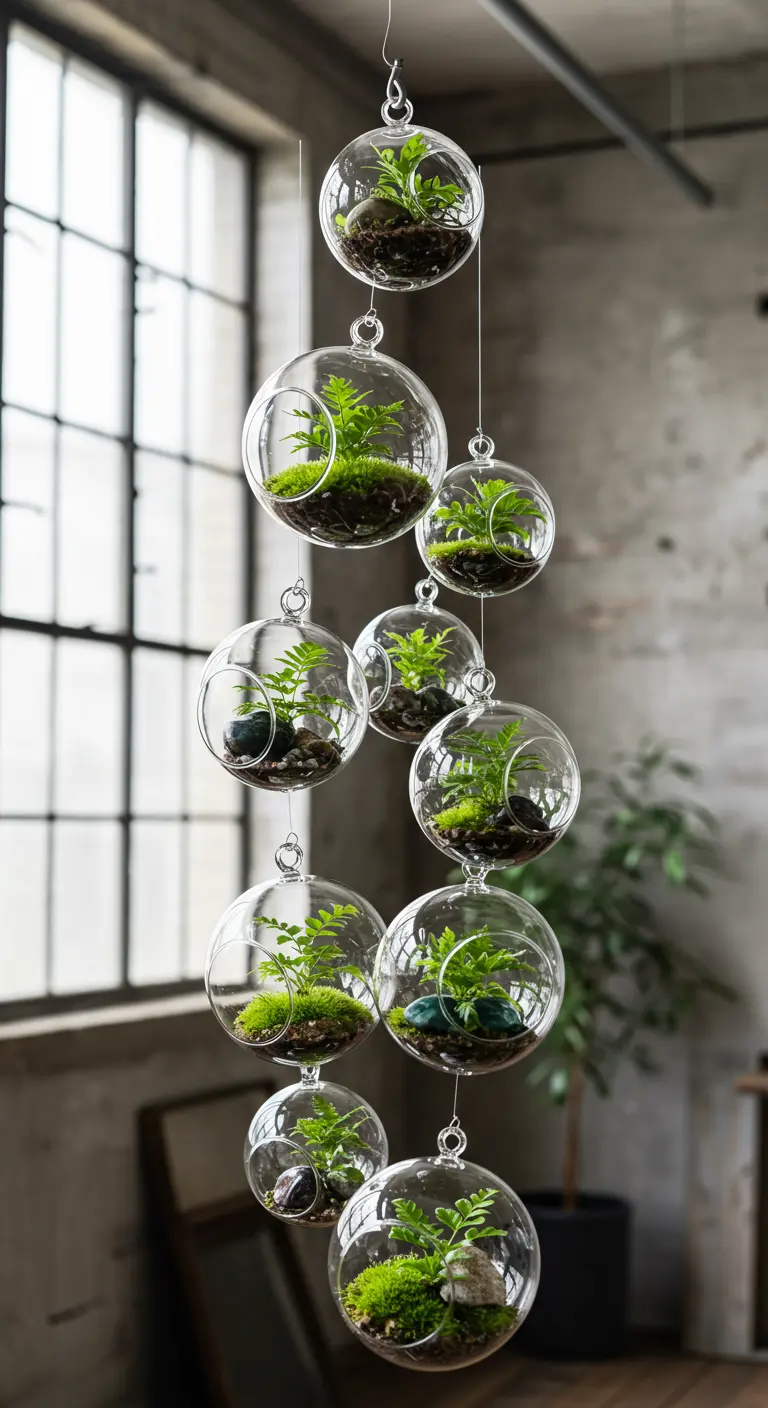 Mobile de plusieurs terrariums sphériques suspendus à différentes hauteurs, contenant fougères et mousse.