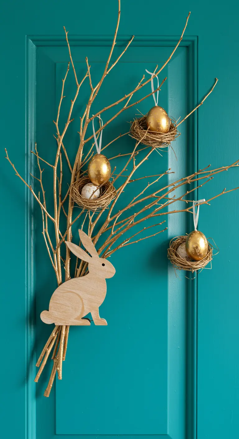 Décoration de porte avec branches dorées et nids suspendus.