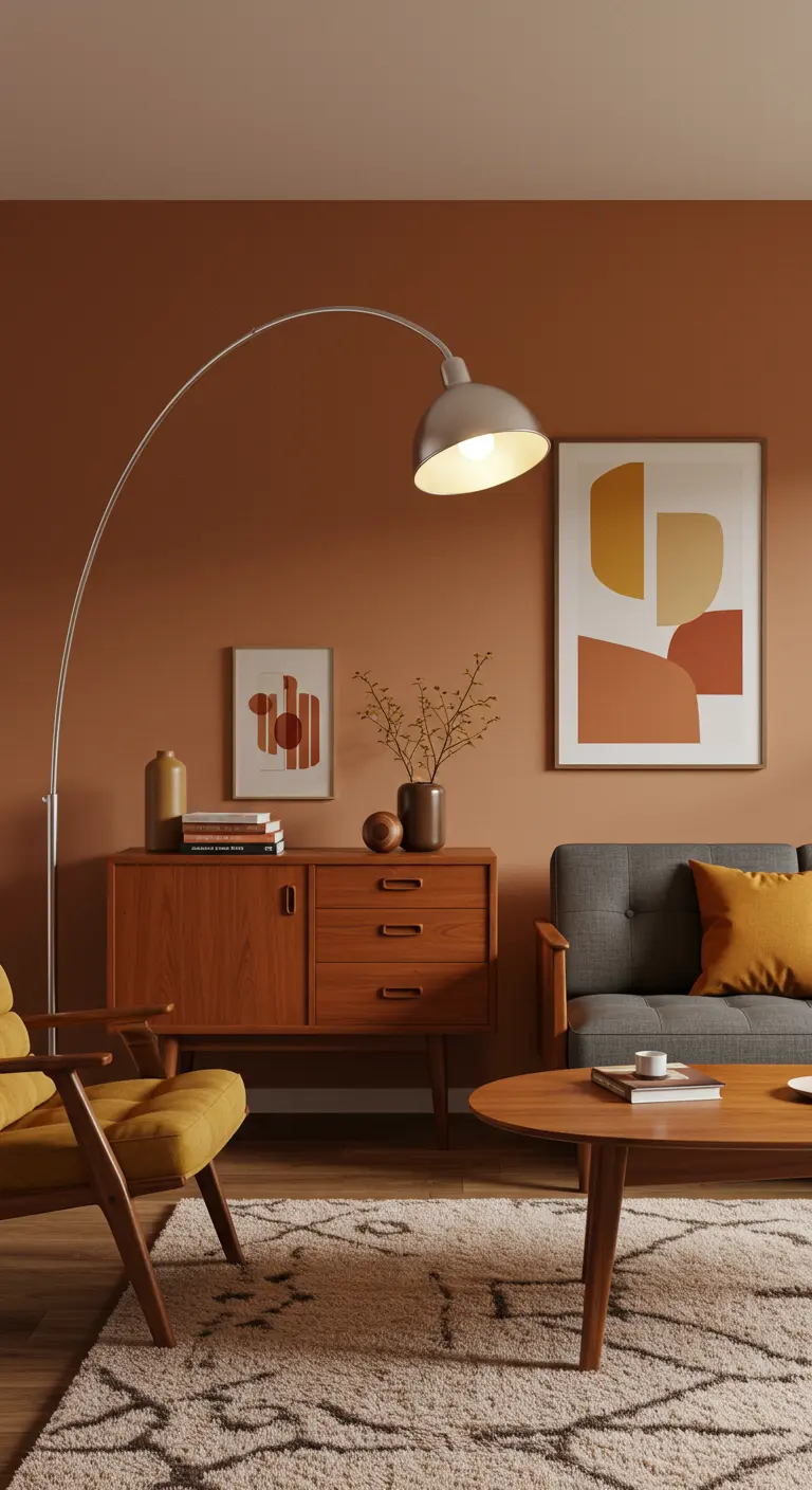 Salon mid-century avec mur terracotta, buffet en bois et lampadaire arqué.