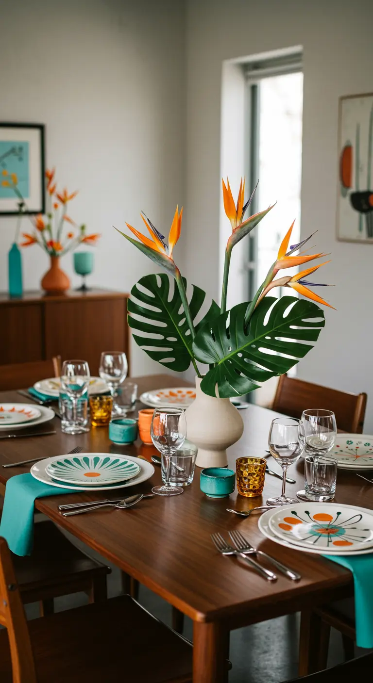 Table de mariage d'inspiration Mid-Century avec des oiseaux de paradis et des feuilles de Monstera.